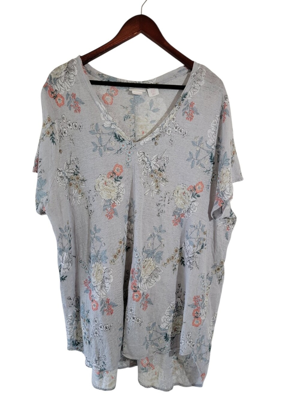 RACHEL ASHWELL Gray Floral 100% Linen Top 3X Short Sleeve Cottagecore Lagenlook